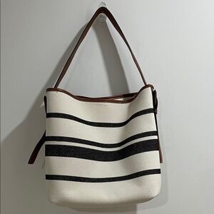 H&M Bag Canvas and Faux Leather Tote Purse Striped Tan Cognac Quiet Luxury As Is